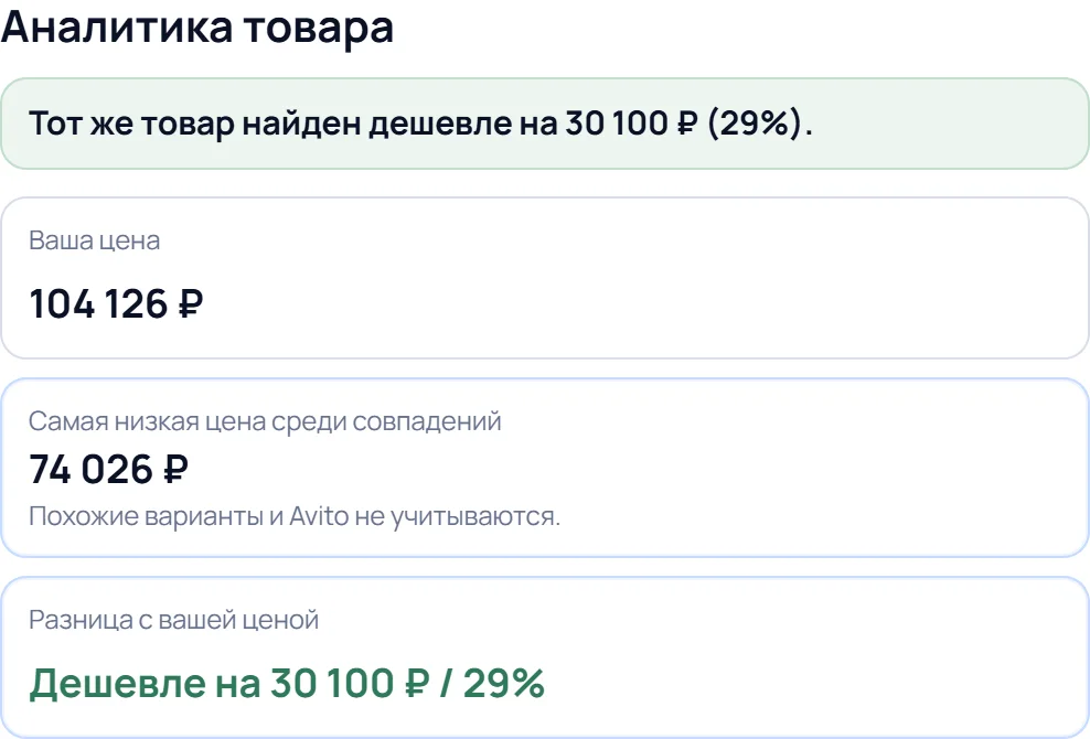 Сравнение цены товара с минимальной ценой среди совпадений