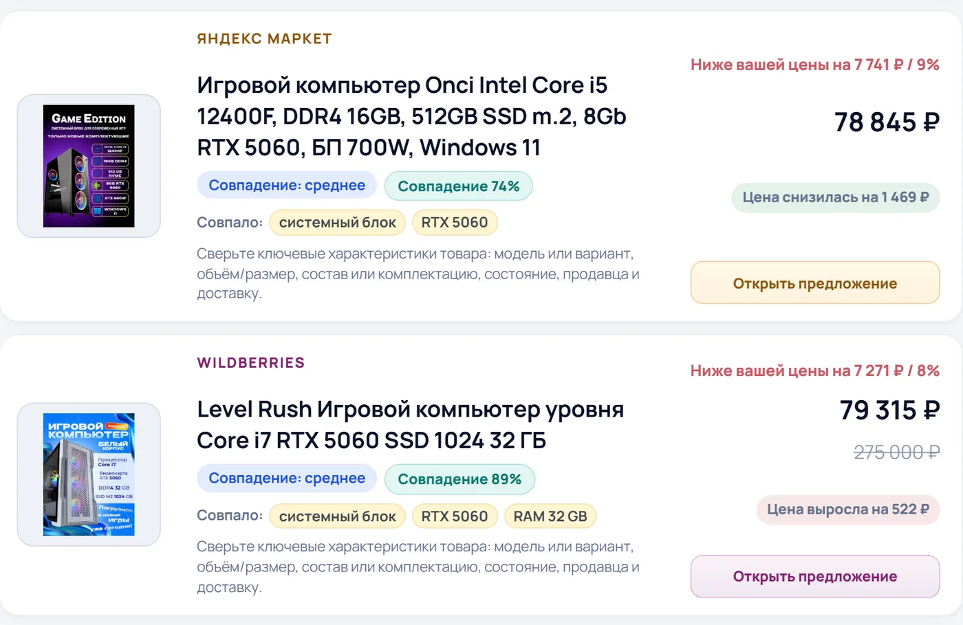 Изменение цен предложений после обновления проверки